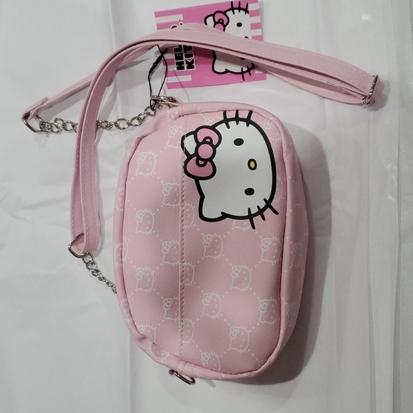 Hello Kitty pink canvas look hello kitty logo chainlink crossbody bag purse new - Picture 11 of 11